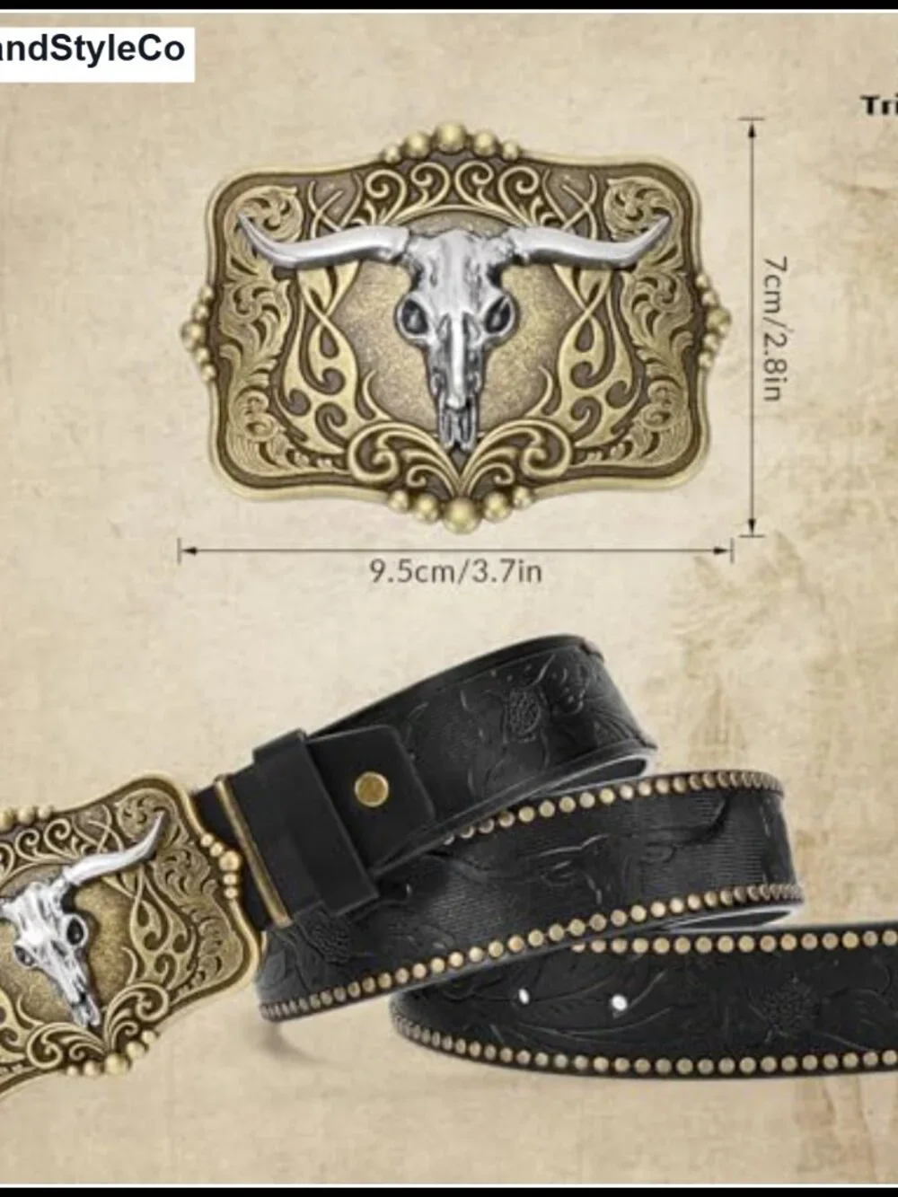 Vintage Western Leather Belt with Engraved Buckle - Cowboy Cowgirl